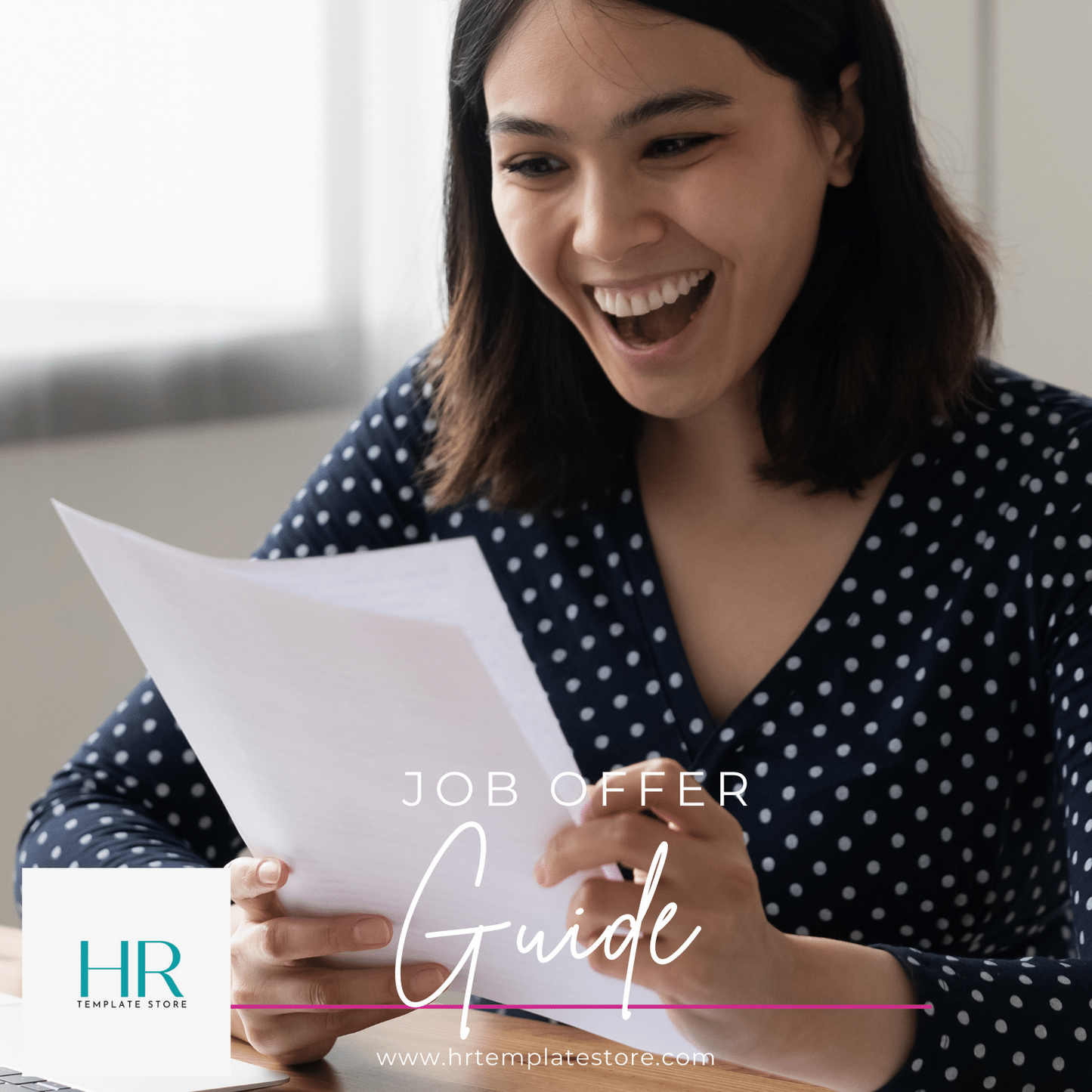Young women holding a paper job offer with an excited look on her face promoting that she is happy about a job offer she received.