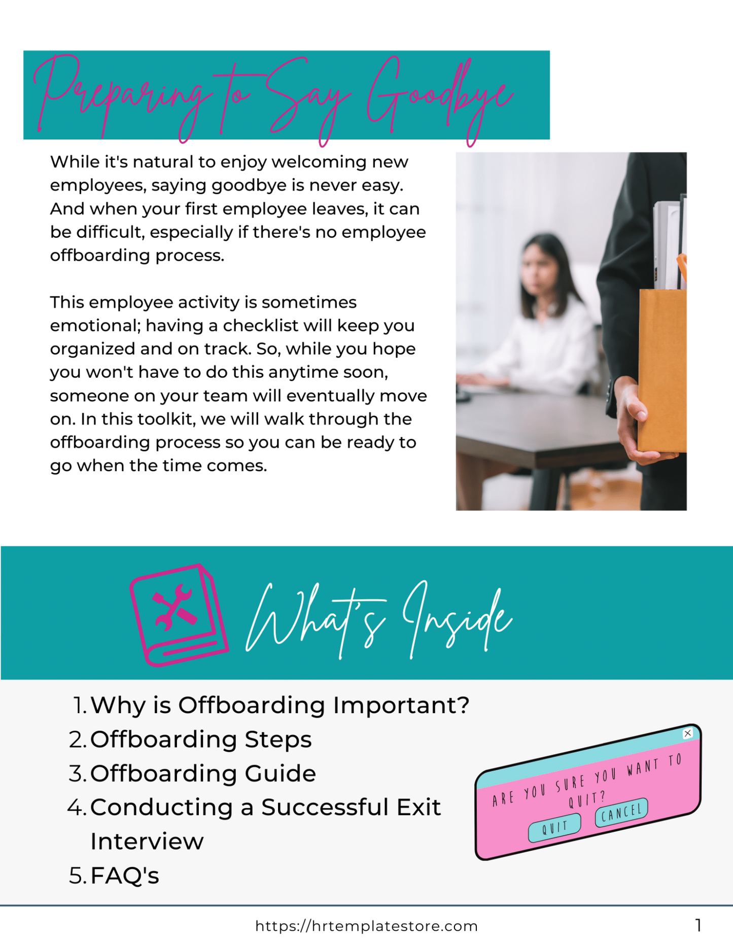 The table of contents of an employee separation toolkit showcasing the comprehensive HR resources available at HR Template Store.