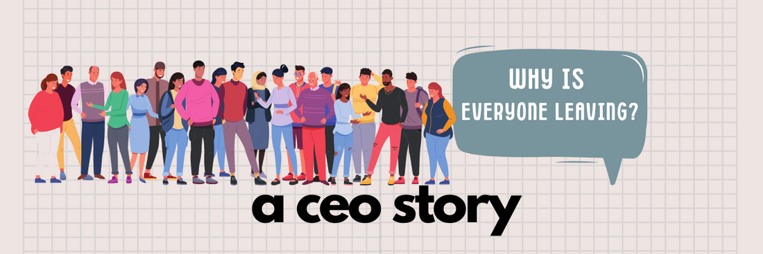 A CEO Story Blog Banner multicultural employees lined up next to a speech bubble
