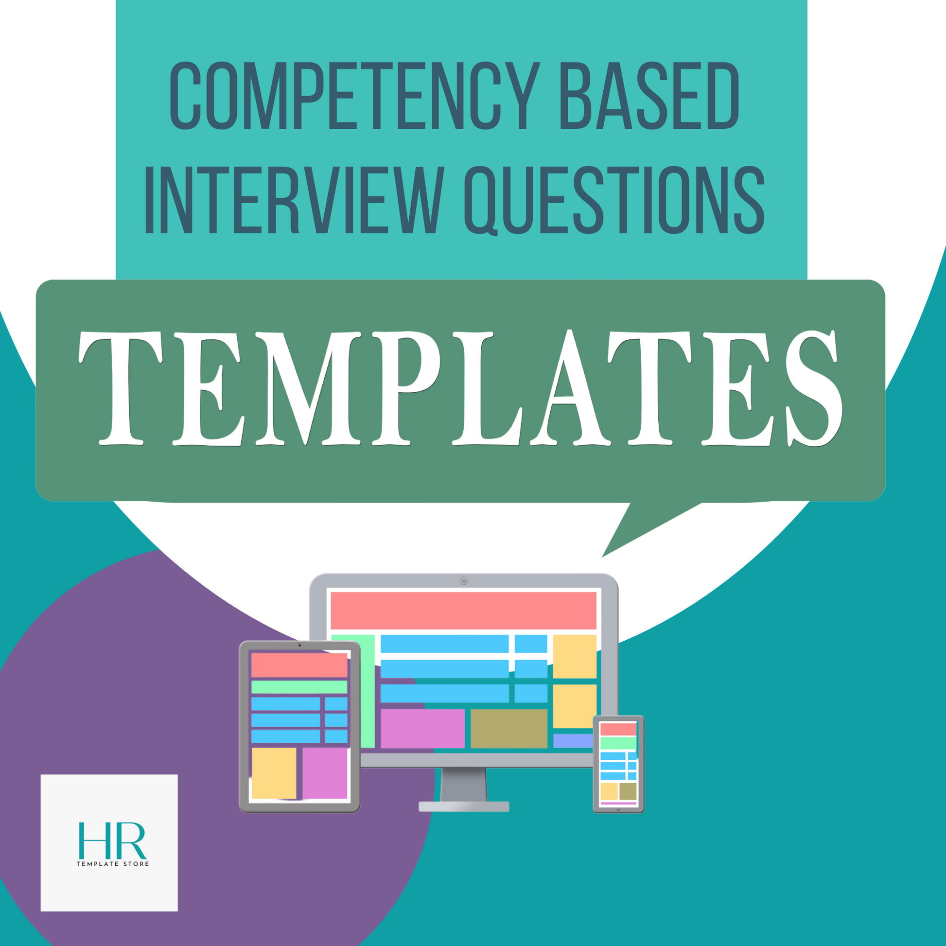This product image showcases a professionally designed guide titled "Competency-Based Interview Questions" from the HR Template Store. The guide features a sleek cover with bold typography and an eye-catching graphic in the background. It provides valuable insights and strategies for conducting competency-based interviews, aiding HR professionals and hiring managers in effectively assessing job candidates' skills, qualifications, and suitability for specific roles.