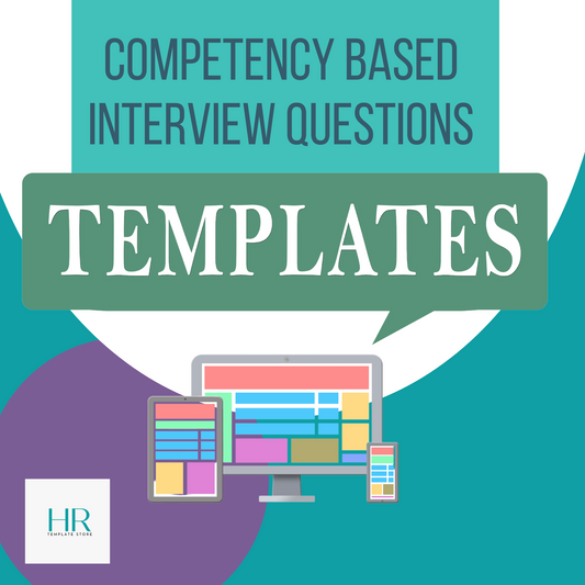 This product image showcases a professionally designed guide titled "Competency-Based Interview Questions" from the HR Template Store. The guide features a sleek cover with bold typography and an eye-catching graphic in the background. It provides valuable insights and strategies for conducting competency-based interviews, aiding HR professionals and hiring managers in effectively assessing job candidates' skills, qualifications, and suitability for specific roles.
