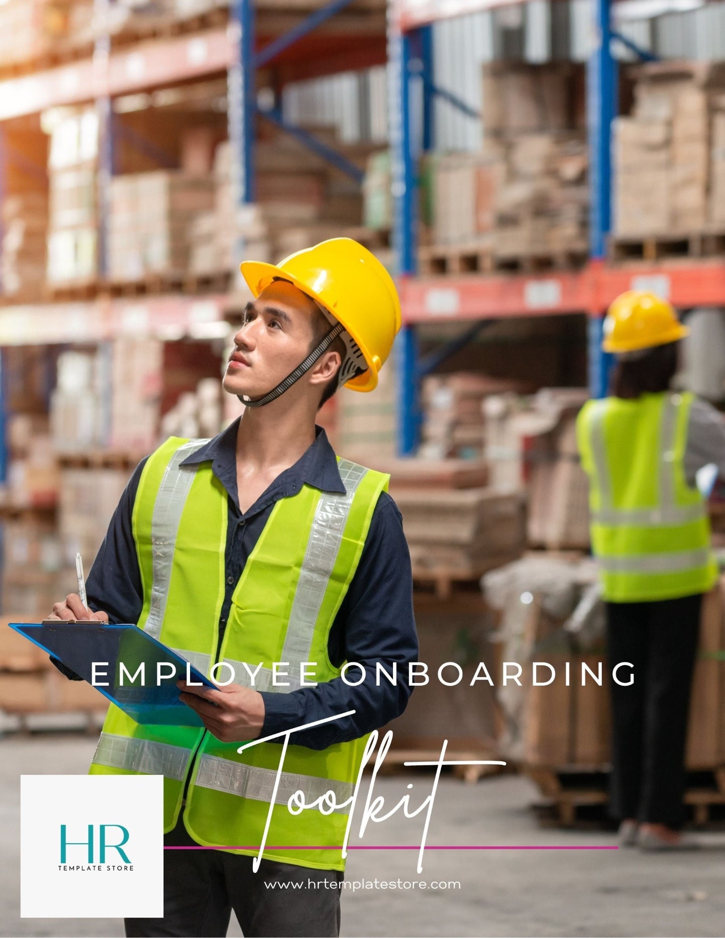 This complete bundle is designed to streamline your hiring process and set your new employee up for success. You'll have everything you need to create an effective onboarding process introducing them to your company culture, policies, and procedures.A man in a hardhat and safety vest in a warehouse holding a clipboard. 