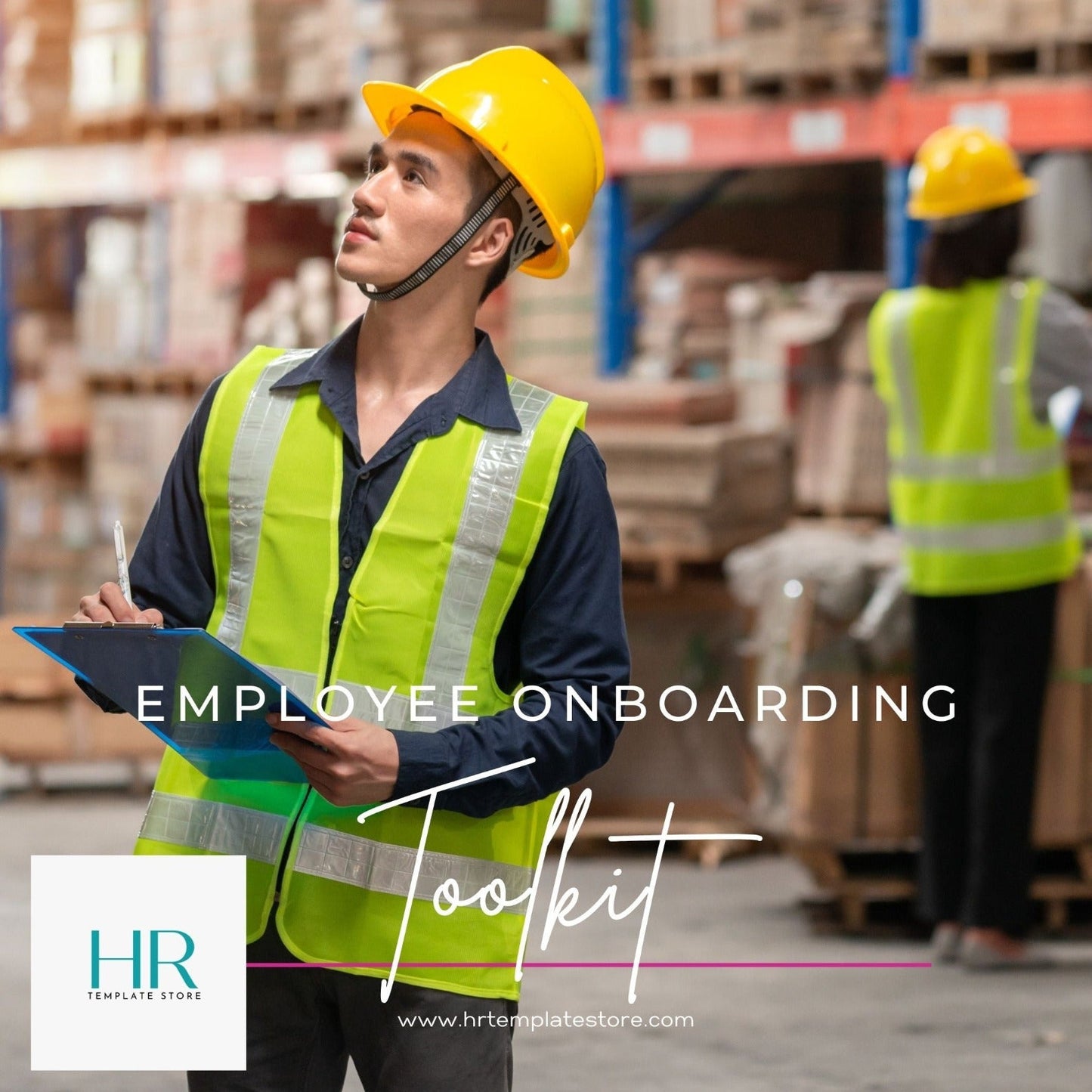 This complete bundle is designed to streamline your hiring process and set your new employee up for success. You'll have everything you need to create an effective onboarding process introducing them to your company culture, policies, and procedures.A man in a hardhat and safety vest in a warehouse holding a clipboard. 