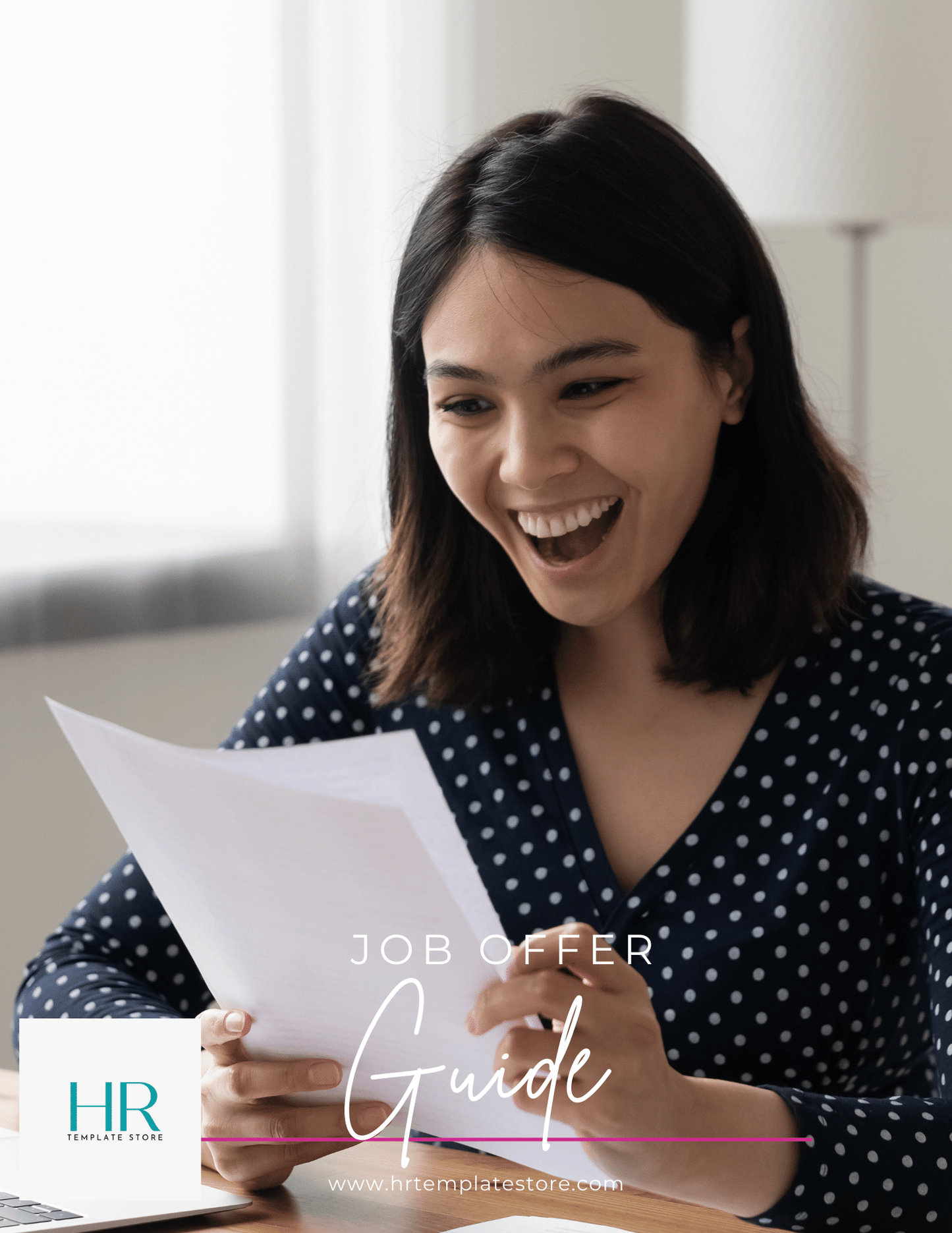 Young women holding a paper job offer with an excited look on her face promoting that she is happy about a job offer she received.