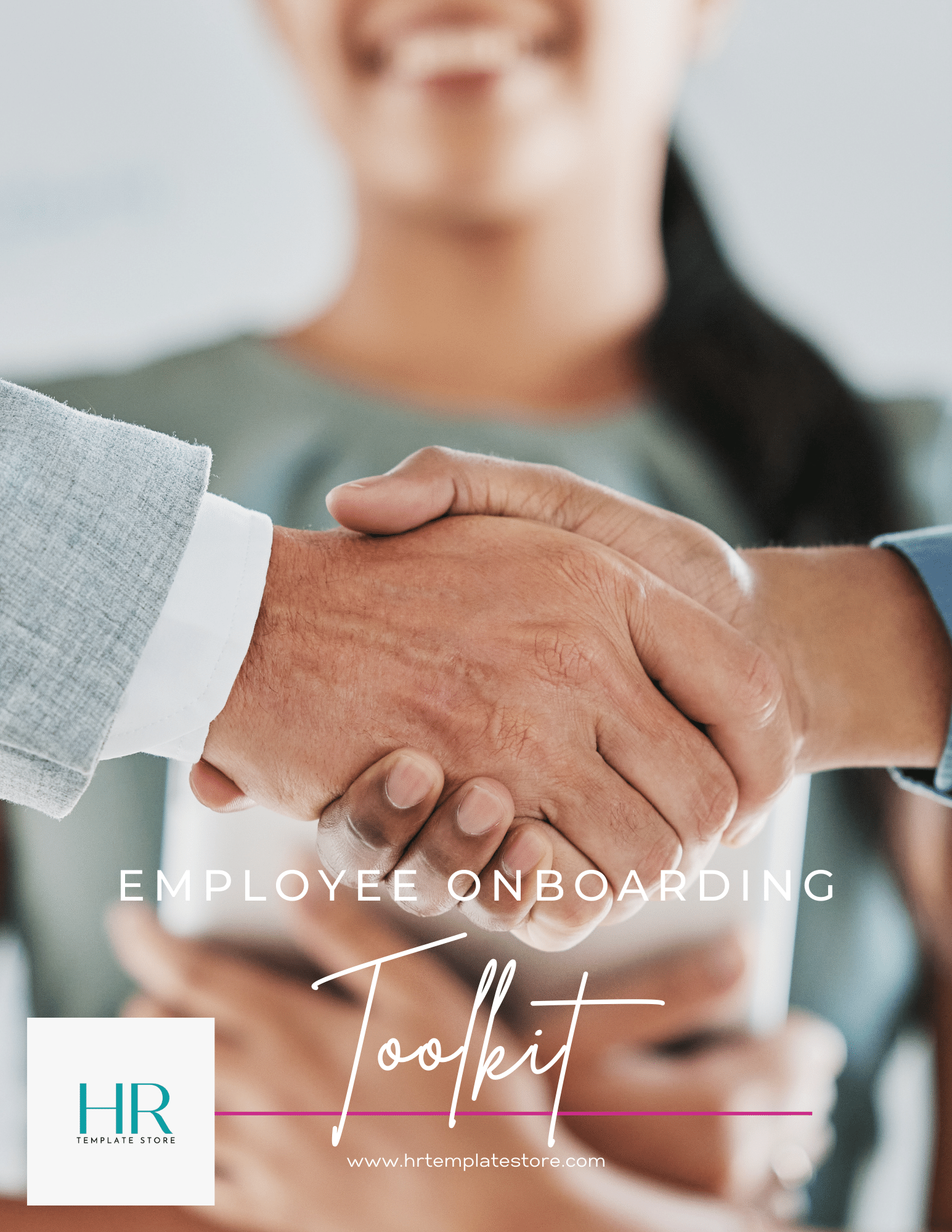 This complete bundle is designed to streamline your hiring process and set your new employee up for success. You'll have everything you need to create an effective onboarding process introducing them to your company culture, policies, and procedures. A smiling woman in the background of 2 people shaking hands. 