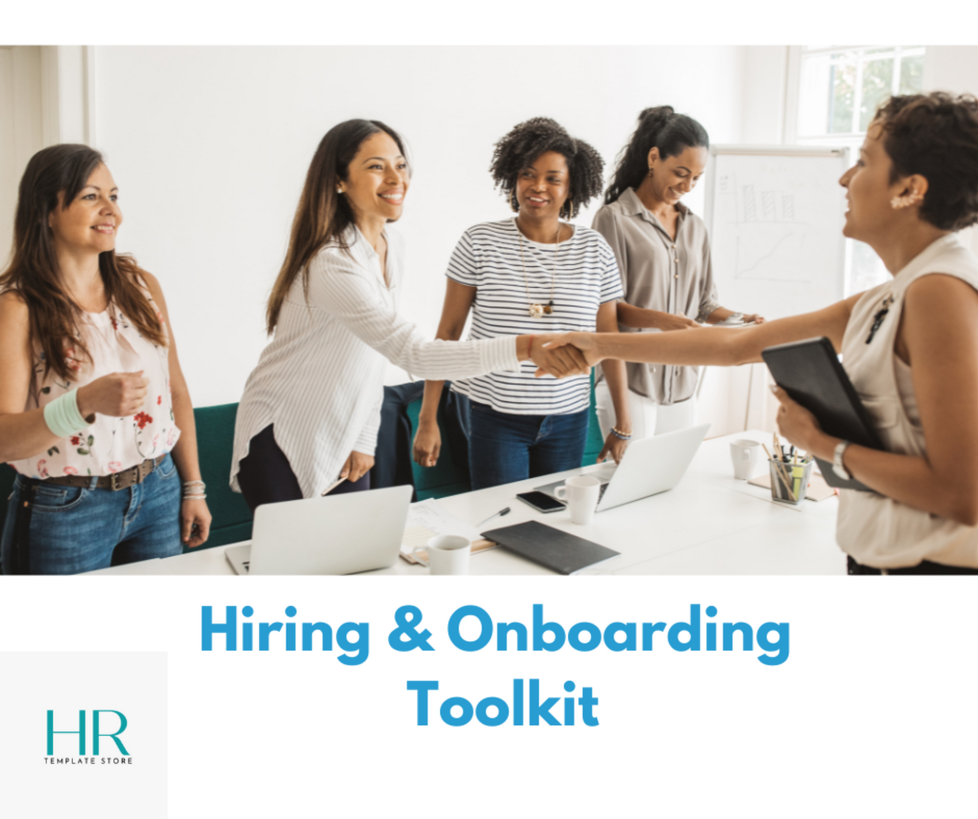 This complete bundle is designed to streamline your hiring process and set your new employee up for success. You'll have everything you need to create an effective onboarding process introducing them to your company culture, policies, and procedures.Two women shaking hands in a professional setting, representing recruitment and hiring. The image emphasizes diversity and gender equality in the workplace.