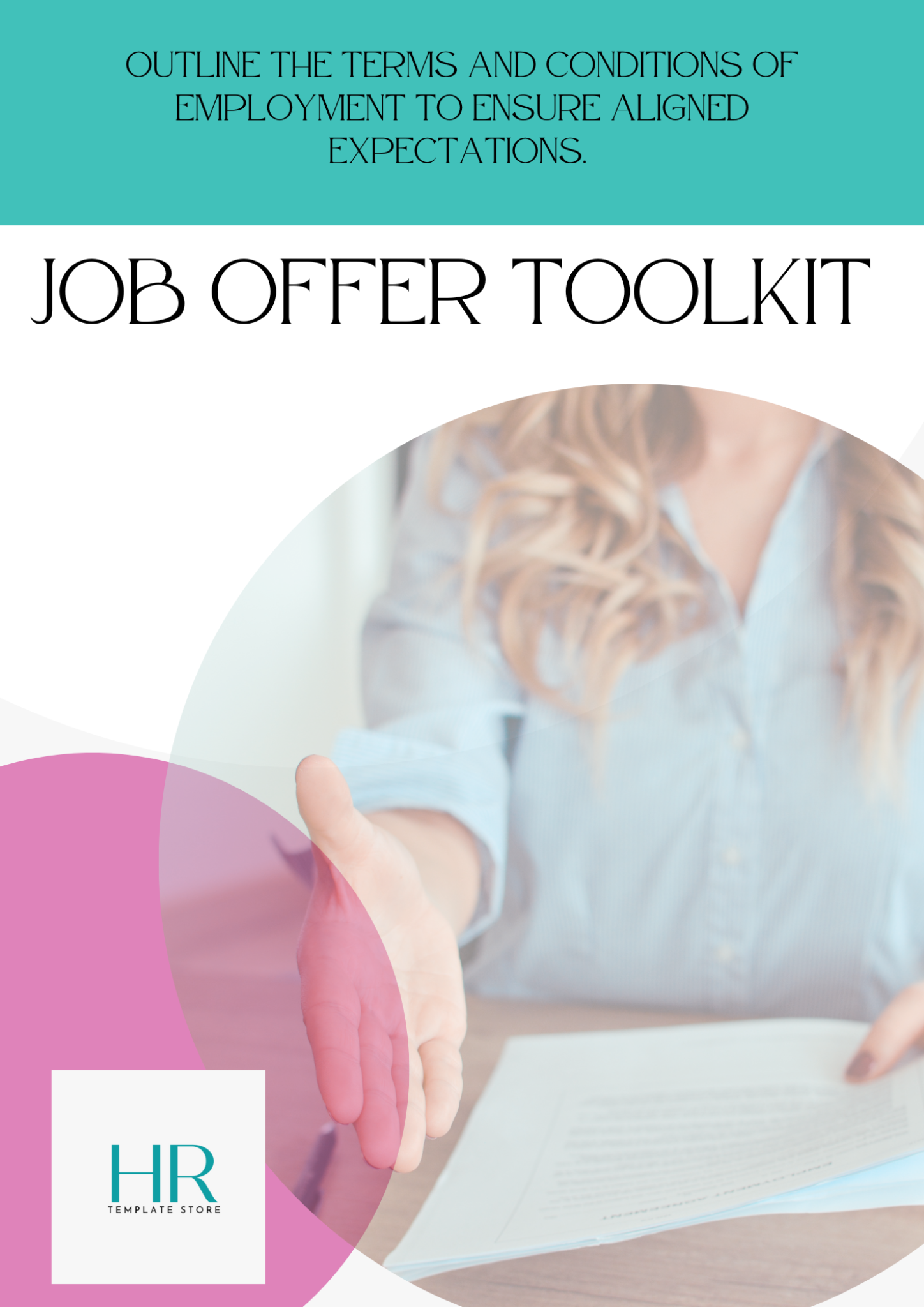 A hand reaching out to grab a job offer toolkit with HR Template Store branding in the background.
