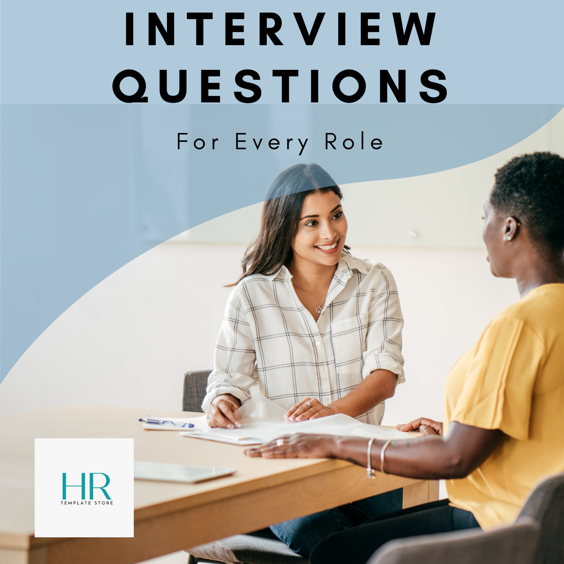 This product image showcases two professional women in conversation. One is reading from a guide titled "Competency-Based Interview Questions" from the HR Template Store. The guide features a sleek cover with bold typography and an eye-catching graphic in the background. It provides valuable insights and strategies for conducting competency-based interviews, aiding HR professionals and hiring managers in effectively assessing job candidates' skills, qualifications, and suitability for specific roles. 