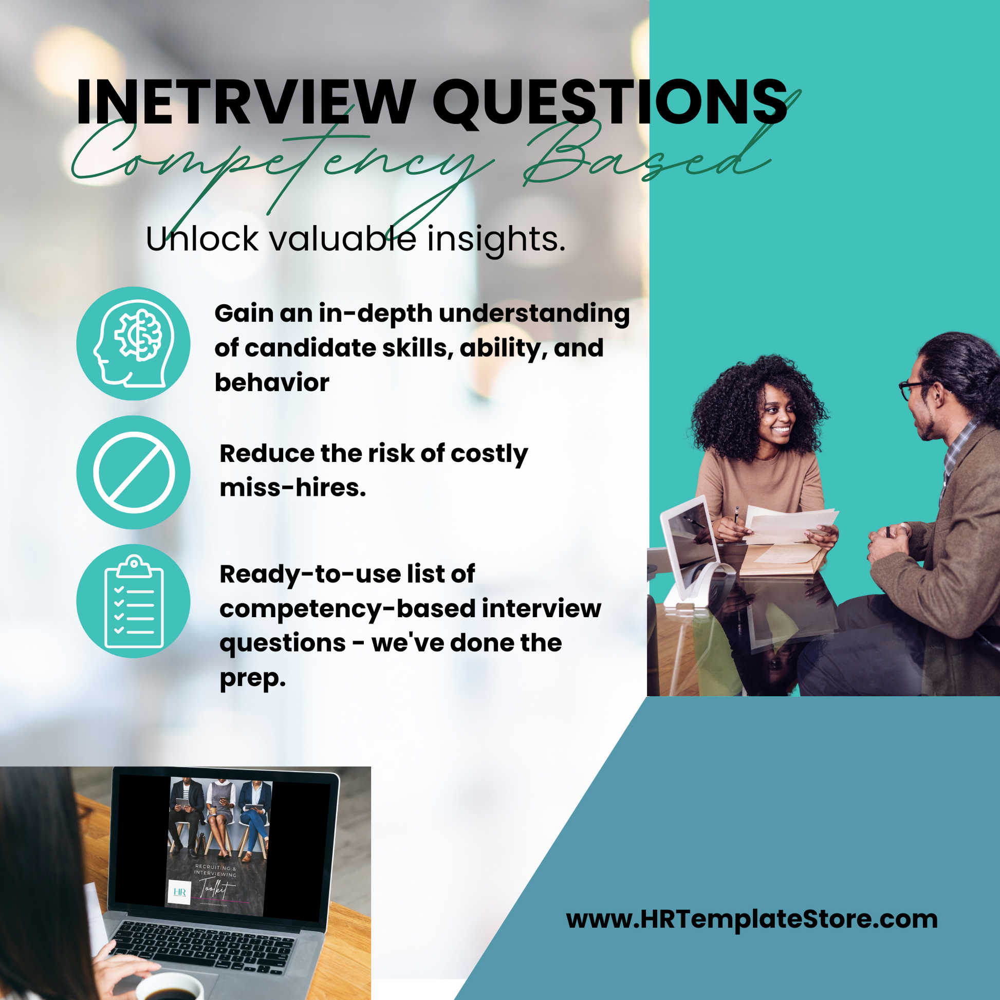 This product image showcases a professionally designed guide titled "Competency-Based Interview Questions" from the HR Template Store. The guide features a sleek cover with bold typography and an eye-catching graphic in the background. It provides valuable insights and strategies for conducting competency-based interviews, aiding HR professionals and hiring managers in effectively assessing job candidates' skills, qualifications, and suitability for specific roles. 
