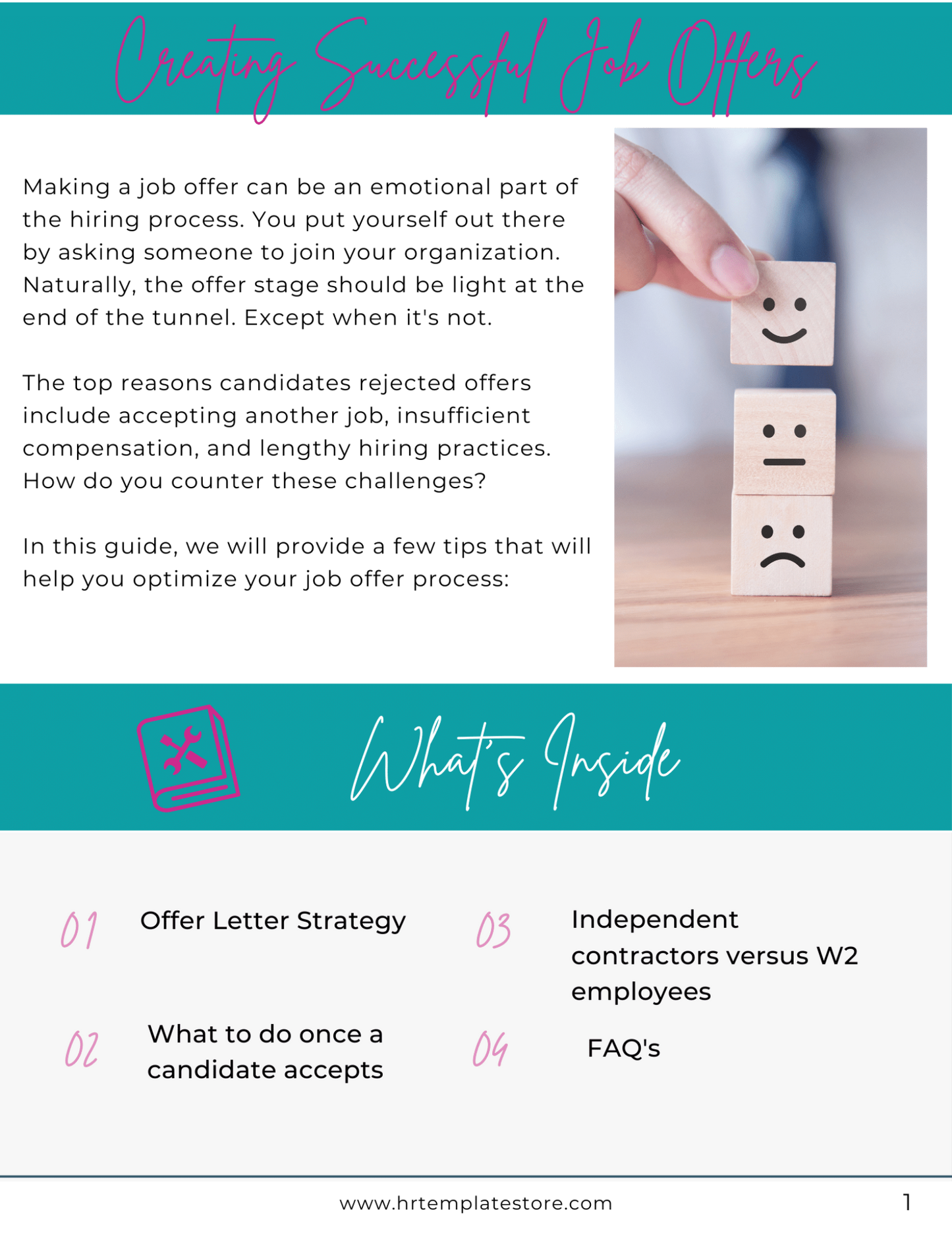 The table of contents of a job offer toolkit showcasing the comprehensive HR resources available at HR Template Store.